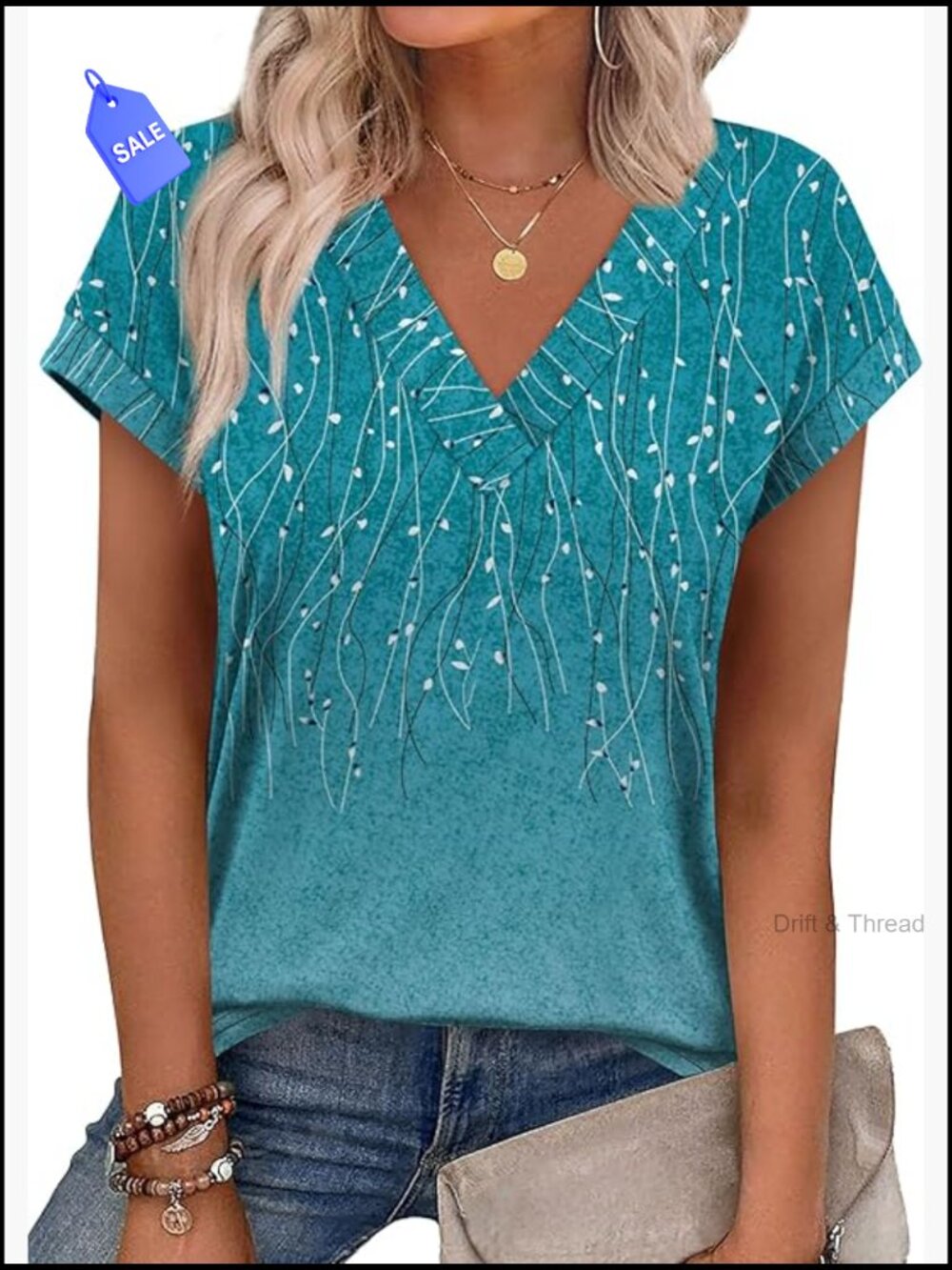 Women's V-Neck Short Sleeve T-Shirt, Loose Fit Polyester Blend Top